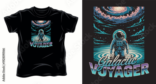 Galactic voyager t-shirt design featuring astronaut in space with starry sky background t-shirt design print illustration