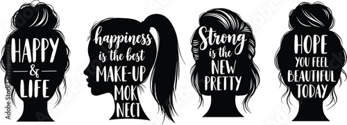 Set of inspirational woman head silhouettes with hand lettered motivational quotes about happiness, hope, and inner beauty for feminine branding, posters, and lifestyle designs. (25 words)