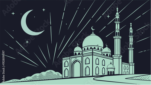 Futuristic mosque silhouette with neon glow under crescent moon and stars, vector illustration of Ramadan night sky, eps file
