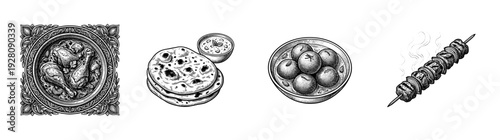 Set of hand drawn monochrome illustrations featuring traditional Indian cuisine including chicken curry, naan bread with dipping sauce, gulab jamun, and a grilled meat skewer.