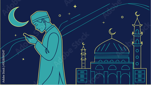 Man praying under crescent moon with mosque silhouette at dusk, an outline illustration