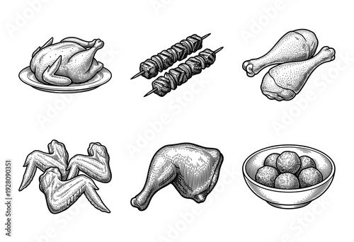 Vintage engraving style collection of cooked chicken products including whole roasted bird, skewers, drumsticks, wings, thigh, and fried meat balls