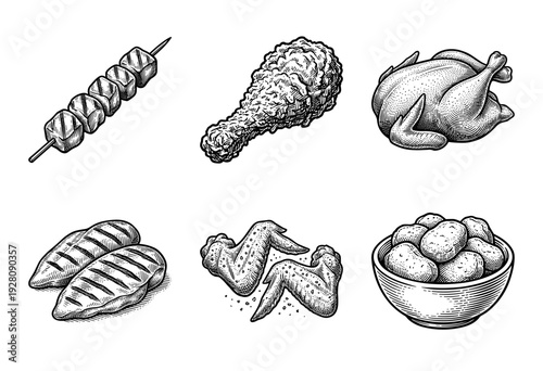 Vintage hand drawn engraving style chicken meat collection including whole roast chicken, grilled breasts, crispy drumstick, wings, kabob, and nuggets in a bowl.