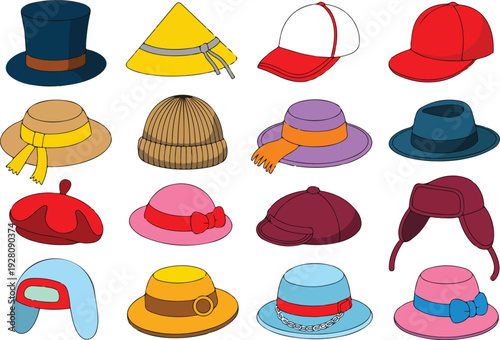 Vector Icon and Illustration Set of Various Hats Including Baseball Caps Beanies Sun Hats Top Hats Berets and Asian Traditional Headwear