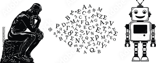 Human thinker statue with mathematical symbols cloud connecting to smiling robot artificial intelligence illustration representing knowledge, science, technology, and creativity