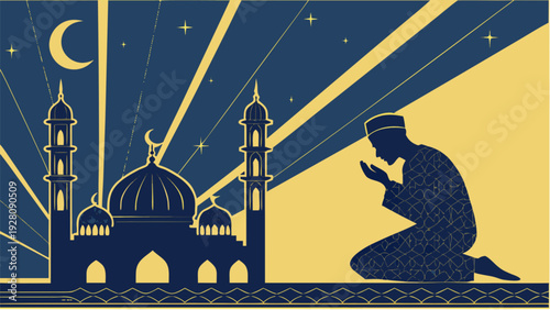 A serene silhouette of a man praying in front of a majestic mosque under a radiant moonlit sky with divine light rays emanating from the dome.