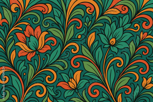Intricate floral and foliate patterns in vibrant green, orange, and gold hues