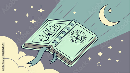 An open book with Arabic calligraphy floats amidst stars and a crescent moon in the night sky, viewed from a whimsical perspective, evoking a sense of wonder and spirituality.