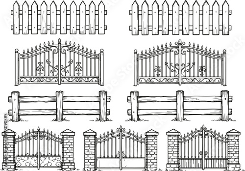 Collection of Hand Drawn Vintage Fence and Gate Vector Illustrations Including Wooden Picket Rustic Rail and Ornate Wrought Iron Designs