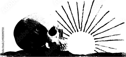 Skull silhouette with radiating sun rays in high contrast black and white ink