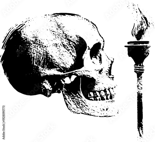 Skull and torch high contrast black and white ink art for print or poster design
