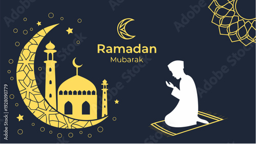 A serene digital illustration of a person praying during Ramadan under a glowing crescent moon and mosque hologram