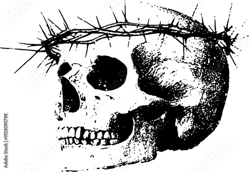 Skull with crown of thorns in high contrast black and white ink artwork
