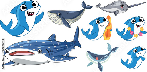 Cute Cartoon Sea Animals Illustration Set with Whale Shark and Narwhal