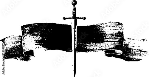 Medieval sword and banner emblem in high contrast black and white design for historical themes
