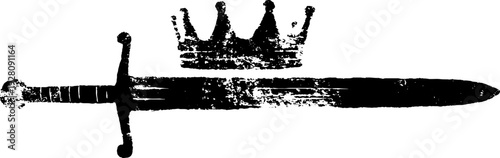 High contrast ink illustration of sword and crown with vintage engraving style