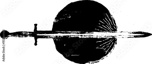 Sword and moon high contrast ink art - black and white design for posters or cards