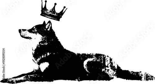 Regal wolf with crown in high contrast black and white ink design for artistic and vintage projects