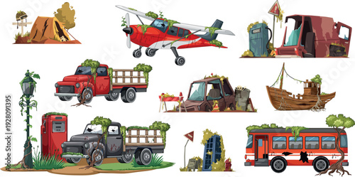 Abandoned Vehicles Overgrown with Trees and Moss Nature Reclaimed Scene