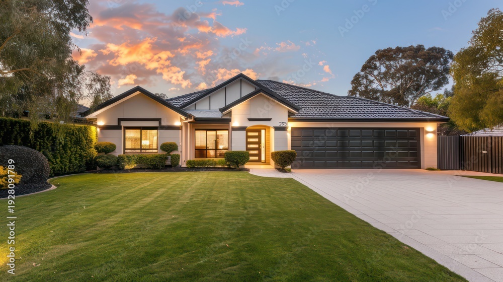 Obraz premium A modern house features a well-manicured lawn and landscaped garden at sunset