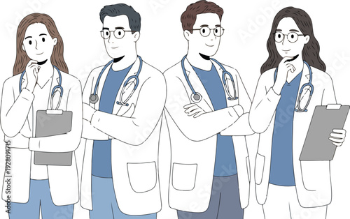 Diverse Healthcare Team Vector Illustration Featuring Doctors Nurses Medical Professionals in Lab Coats and Scrubs Holding Clipboards