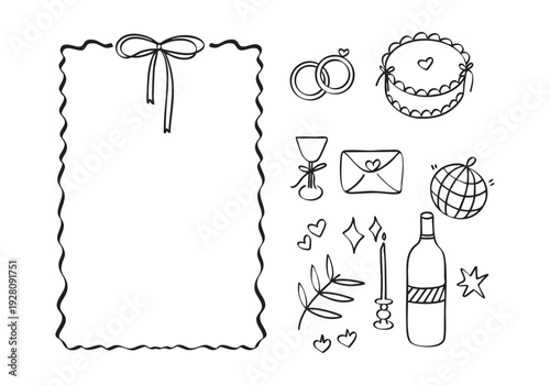 Set of hand-drawn outline elements with romantic and lifestyle icons including bottle, cake, and gifts. Great for packaging and illustration