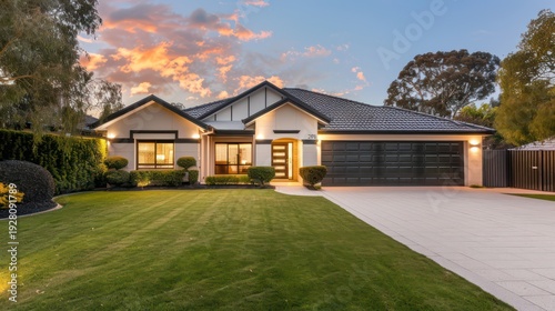 A modern house features a well-manicured lawn and landscaped garden at sunset