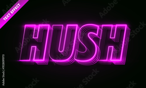Neon hush text effect with purple magenta glow light and futuristic modern style