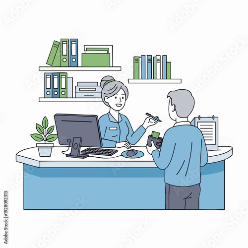Bank teller assisting customer with transaction at counter in banking office hand drawn illustration blue tone style