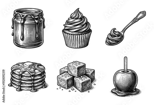 Vintage style engraving collection of caramel and sweet treats including a cupcake pancakes fudge and candy apple