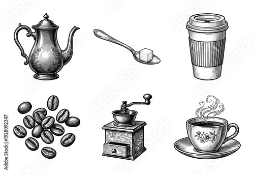 Vintage engraving style coffee and tea collection featuring a kettle, grinder, beans, sugar spoon, and various cups.
