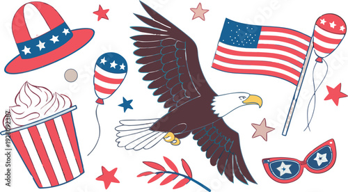 4th of July Sublimation Clipart SVG Bundle.
Large 4th of July clipart bundle illustration, patriotic USA themed elements arranged in a collage layout, vibrant red white and blue color palette,