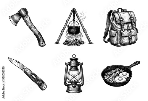 Vintage hand drawn camping and outdoor survival equipment set featuring rustic woodcut style illustrations of bushcraft gear.