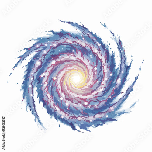 Beautiful spiral galaxy illustration with swirling arms bright nucleus and cosmic dust clouds on a clean white background suitable for space and science themes