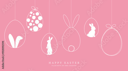 Happy Easter card with easter eggs garland and rabbit. Simple vector decoration design.