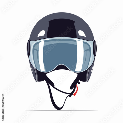 Black cartoon motorcycle helmet with visor and strap; safety equipment for bikers; protection gear; transportation; isolated design element
