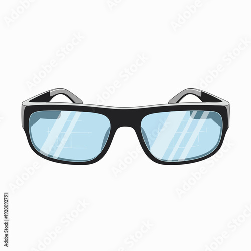 Black framed blue lens glasses illustration offering sun protection against UV rays on clean background; eyewear for design use