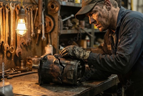 Wallpaper Mural Mechanic inspecting broken hydraulic pump in workshop Torontodigital.ca