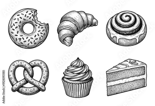 Set of hand drawn bakery and pastry items including croissant donut and cupcake in a detailed vintage engraving style