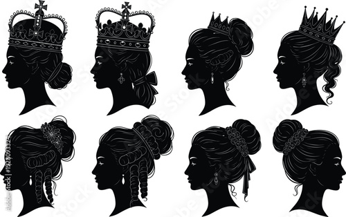 Royal female silhouette, crown vector illustration, elegant hairstyle design, noble woman art, regal fashion graphic, decorative head icon, cultural style