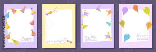 Birthday photo frame templates set. Colorful party layouts with balloons, hats, confetti cannons, festive decorations. Greeting card designs with lettering for social media post, invitation, poster