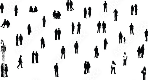 Human silhouettes collection, people standing, walking, sitting, interacting, diverse poses, minimalist design, social behavior, urban lifestyle, communication, family, business