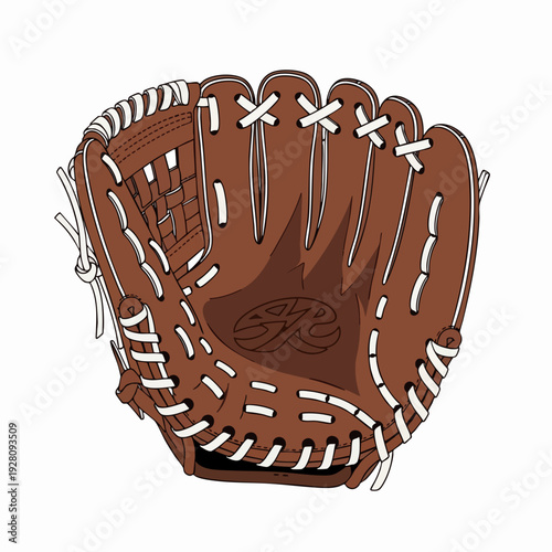 Brown baseball glove vector illustration with white stitching; a classic sports equipment icon isolated on white for game design print or athletic concepts