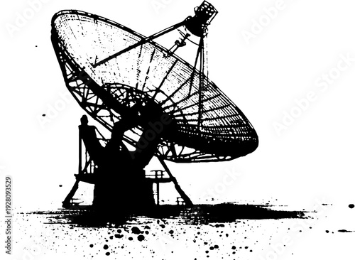 Black and white ink illustration of radar dish - high contrast design for science and technology themes