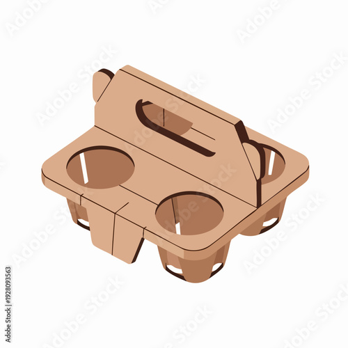 Brown cardboard coffee cup carrier with four compartments and a handle isolated on white for delivery services and takeout orders