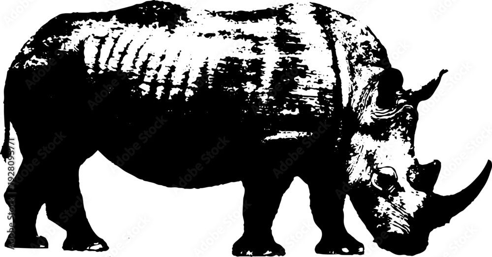 Fototapeta premium Rhinoceros silhouette in high contrast black and white ink art for retro designs