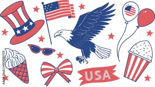 4th of July Sublimation Clipart SVG Bundle.
Large 4th of July clipart bundle illustration, patriotic USA themed elements arranged in a collage layout, vibrant red white and blue color palette,