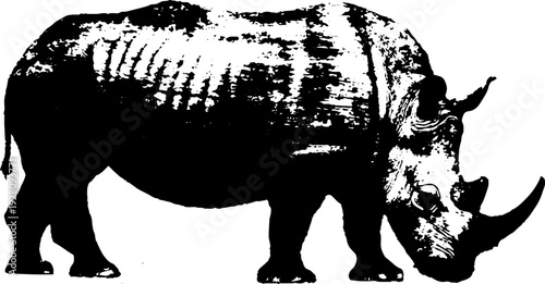Rhinoceros silhouette in high contrast black and white ink art for retro designs