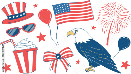 4th of July Sublimation Clipart SVG Bundle.
Large 4th of July clipart bundle illustration, patriotic USA themed elements arranged in a collage layout, vibrant red white and blue color palette,