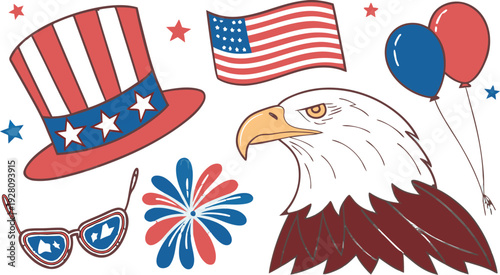4th of July Sublimation Clipart SVG Bundle.
Large 4th of July clipart bundle illustration, patriotic USA themed elements arranged in a collage layout, vibrant red white and blue color palette,